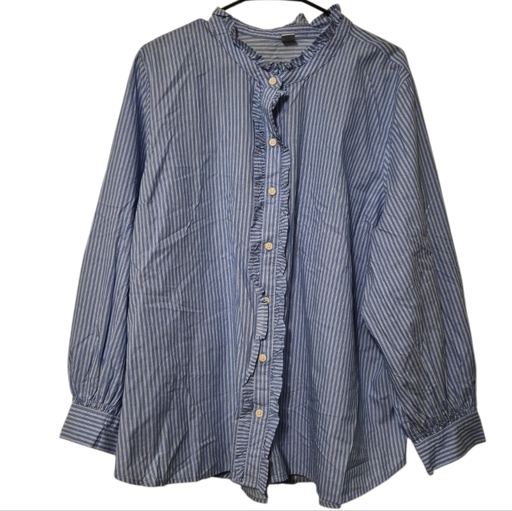 Old Navy Blue White Striped Ruffled Cotton Button Up Blouse, Plus Size XXL